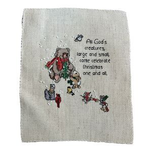 Estate Find Completed Cross Stitch All God's Creatures Beaded Christmas Holiday